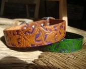 Embossed British Tan and Violet Leather Dog Collar. Hand Dyed and Painted Western Vine Pattern. Size Small, Medium, or Large.