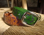 Embossed Leather Dog Collar. Forest Green and Metallic Purple. Custom Sized Hand Dyed and Painted Western Vine Pattern.
