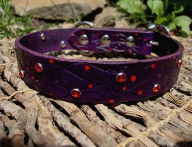 Custom Size Blackberry Leather Dog Collar. Embossed Flowering Vine with Red Crystal Rivets. Size small, medium, or large.