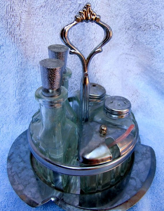 Vintage condiment cruet set antique glass in holder by WeirdMary
