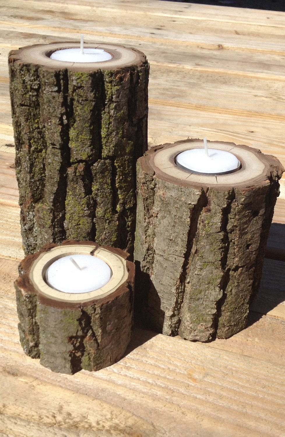 Set of Three Staggered Height Wood Log Tea Light Candle Holders. Black Walnut. Rustic. All Natural.