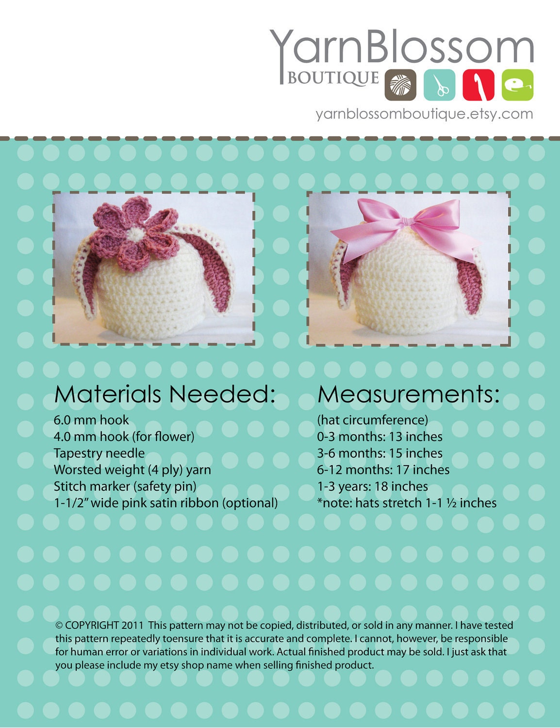 CROCHET PATTERN Bunny Ear Beanie (3 sizes included from newborn-3 years) Instant Download