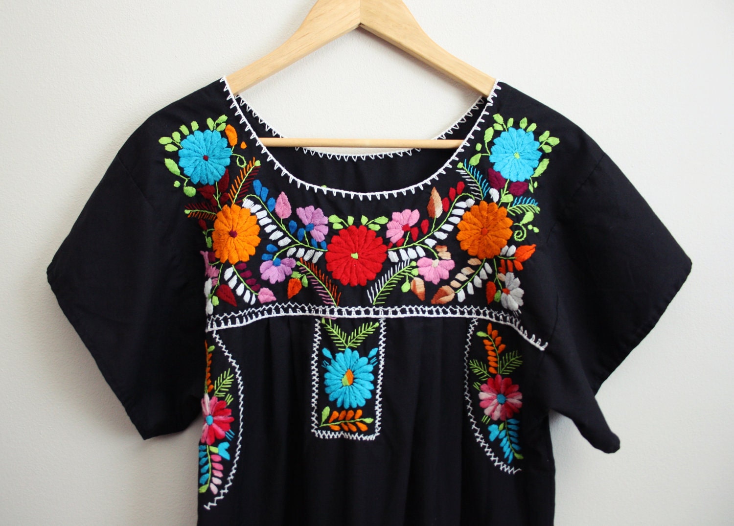 RESERVED// Vtg 70 Black Mexican Embroidered Boho Hippie Maxi Dress-S/M/L