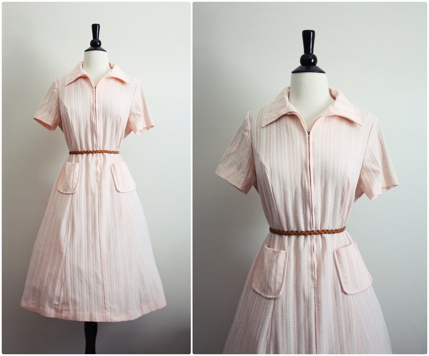 Vintage 50s Light Pink Stripes Spring Dress. Size Large