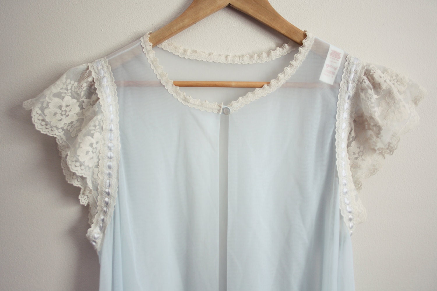 Vintage 50s Mod Sky Blue Sheer Peignoir Nightgown lace Robe. One Size