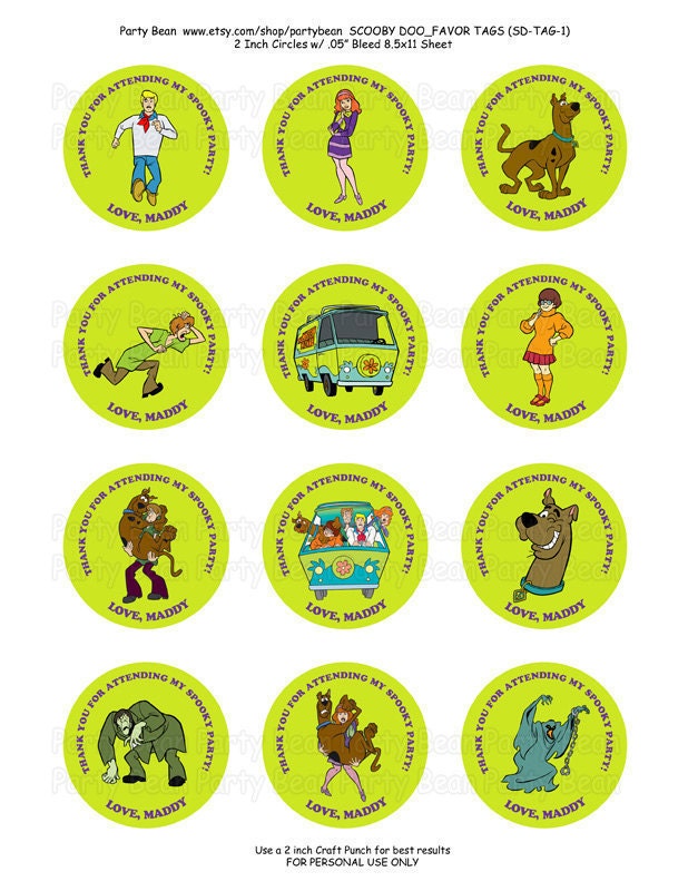 Scooby Doo Birthday Thank You Favor Tags-Stickers-Cupcake Toppers: Digital pdf File YOU PRINT - 2 Inch Circles