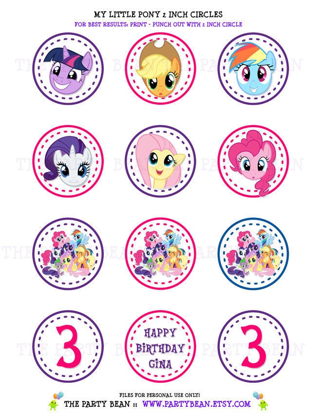 My Little Pony Birthday Party Cupcake Toppers- Stickers - Favor Tags: 2 Inch Circles - Digital PDF FILE