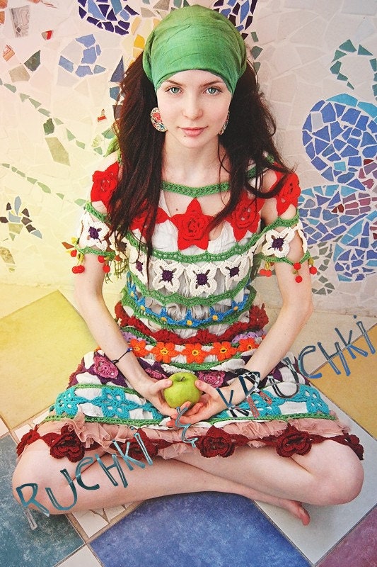 Amazing handmade crochet lace flower dress "Floral fairy tale" in mercerized 100% cotton