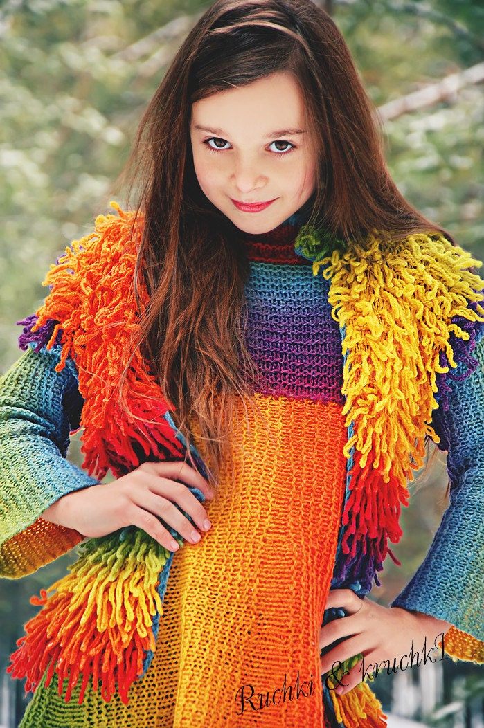 Designer knitted girl boho style gypsy mini dress "Siberian winter rainbow" in natural sheep wool