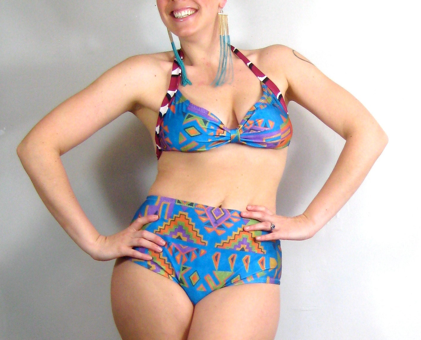 HIGH WAIST BIKINI/ full coverage bottom, natural waist, elastic, swim, cobalt, blue, tribal, geometric, zig zag, native, triangle, arrow