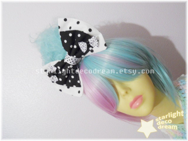 Fairy Kei Black & White Polka Dot 2WAY Bow with Grossgrain Bow Accent