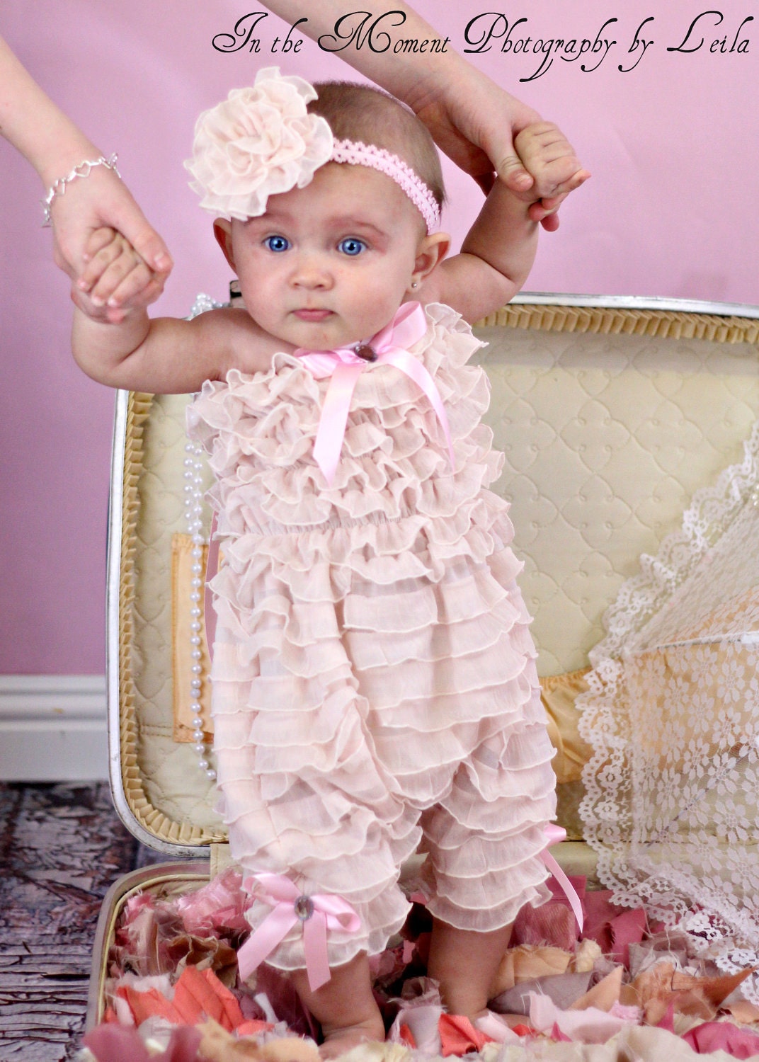 Vintage Creamy Pink Ruffled Bubble Romper with Matching Flower Headband by FabTutus