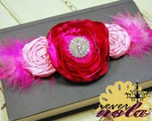Be Mine Valentine- Headband Stretch Hot Pink Light Pink Feathered Hair Bow