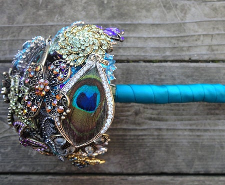 Peacock Wedding Brooch Bouquet with real feathers - Made to Order