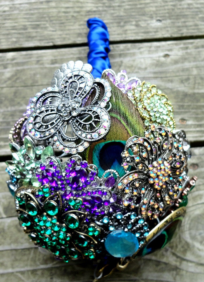 Peacock Wedding Brooch Bouquet with real feathers - Made to Order