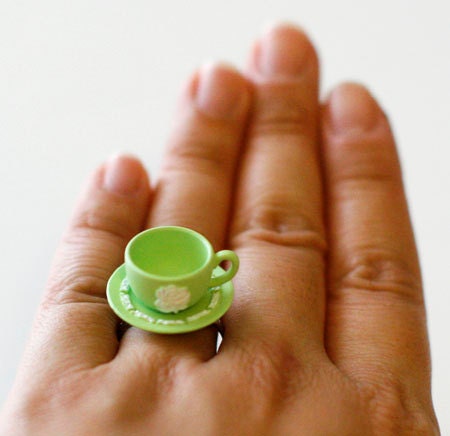 Kawaii Cute Miniature Food Ring - Teacup with a saucer (Green)