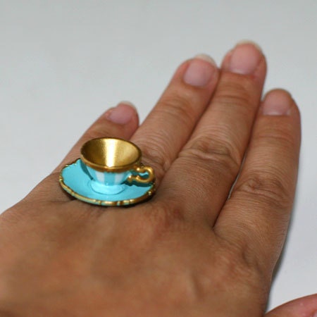 Kawaii Cute Miniature Food Ring - Light Blue Teacup and Saucer
