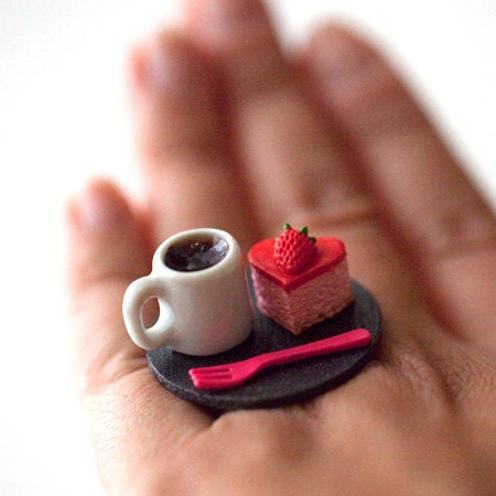 Kawaii Cute Japanese Miniature Food Ring - Coffee with Strawberry Heart Shaped Cake