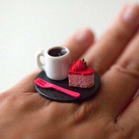 Kawaii Cute Japanese Miniature Food Ring - Coffee with Strawberry Heart Shaped Cake