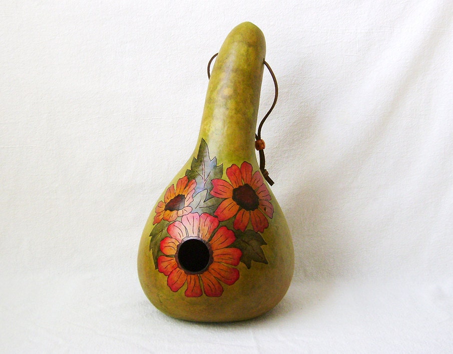 Gourd BIRD HOUSE Red Flowers on Spring Green by BarefootSwan