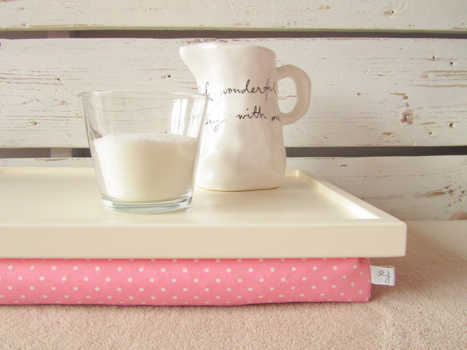 Breakfast Serving Lap Tray or Laptop Lap Desk, stand- Off White with polka dots- Custom Order
