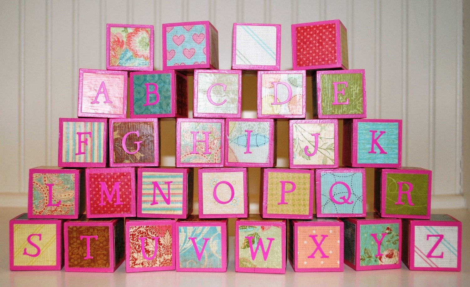 Children's Alphabet Building Blocks / Wooden Building Blocks - Pink Shabby Chic Theme - Set of 30 Blocks