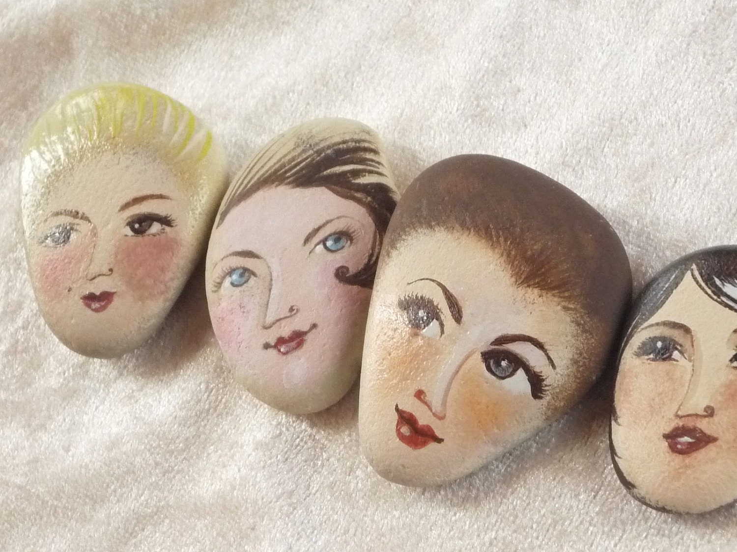 4 Painted stones. Beach stone art .Original art work, figurative art, girl portrait ooak ,pebble art