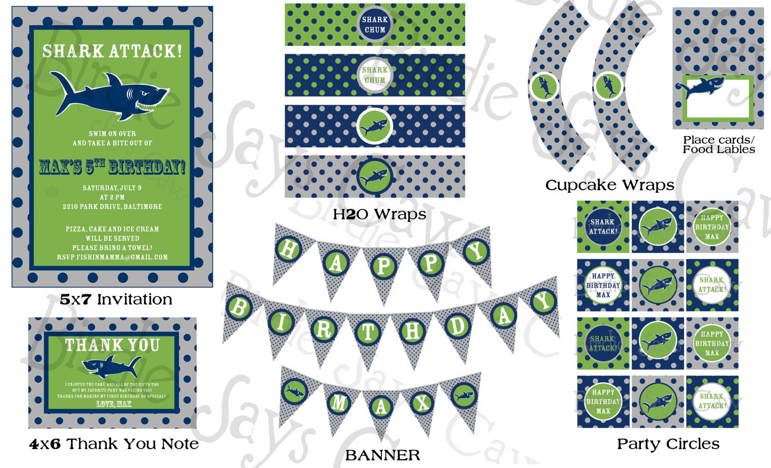 Shark Attack Birthday Party Pack (Invitation, party circles, banner, water bottle labels, thank you card) Printable DIY Custom Pack