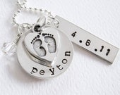 New Baby - New Mom Necklace - Personalized Name Birth Date - Baby Feet Heart Charm - Sterling Silver - Birthstone
