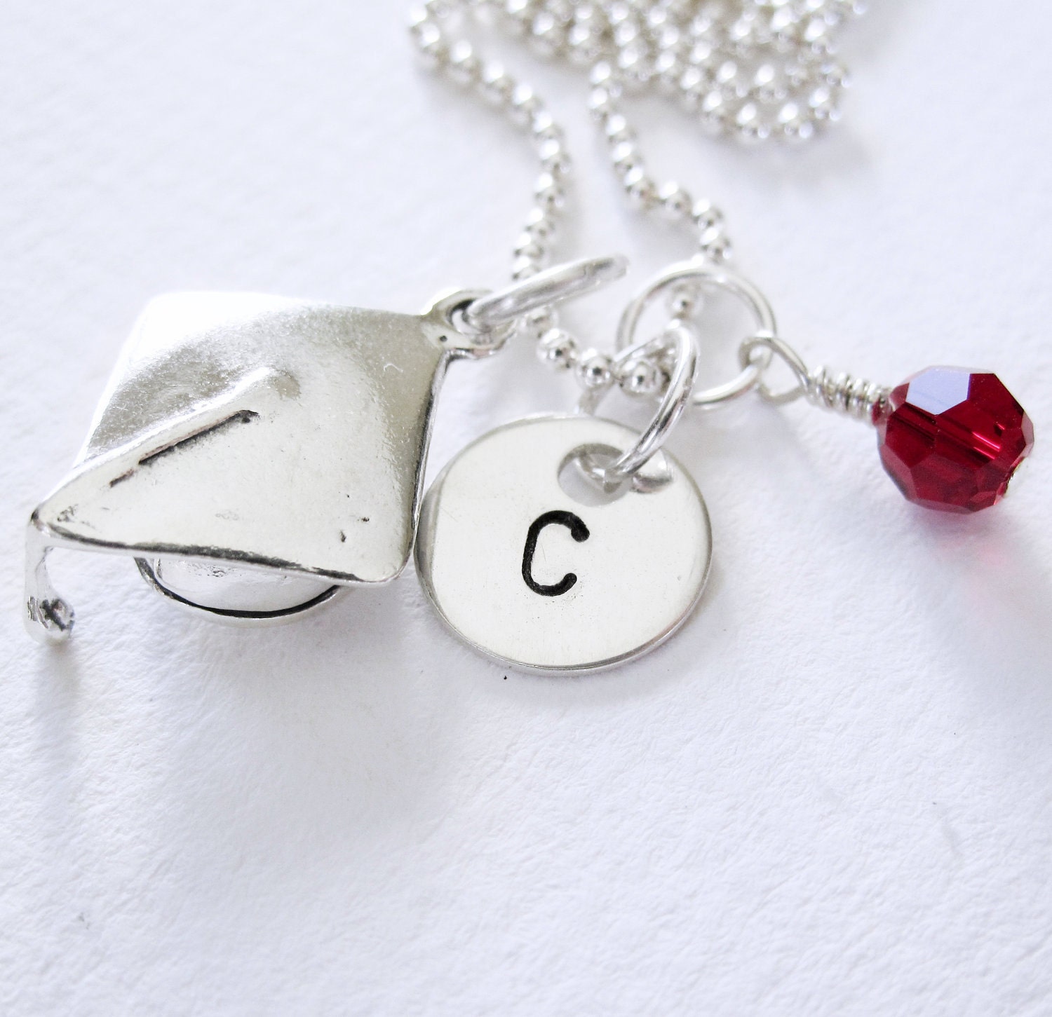 Graduation - Cap Charm - Sterling Silver - Personalized - Initial - Birthstone - Gift - Necklace