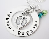 Personalized Mother's Necklace - Baby Feet Heart Charm - Sterling Silver Washer - Hand Stamped - Patricia Ann Jewelry Designs