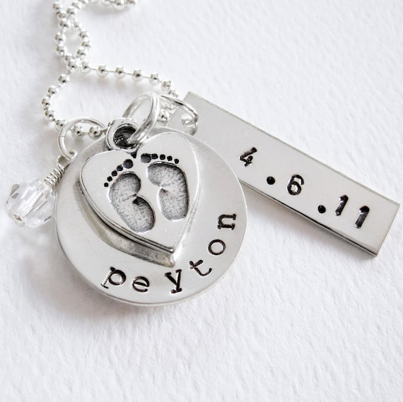 New Baby - New Mom Necklace - Personalized Name Birth Date - Baby Feet Heart Charm - Sterling Silver - Birthstone