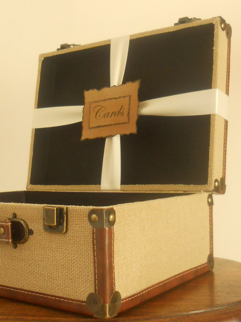 Natural Woven Burlap Vintage / Rustic Look Suitcase / Wedding Card Holder