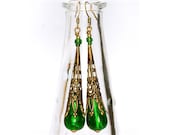 Victorian Style venetian glass earrings  Long Vivid Emerald Green Dangle antique gold, foil glass murano, gift for her - MADEbyMADA