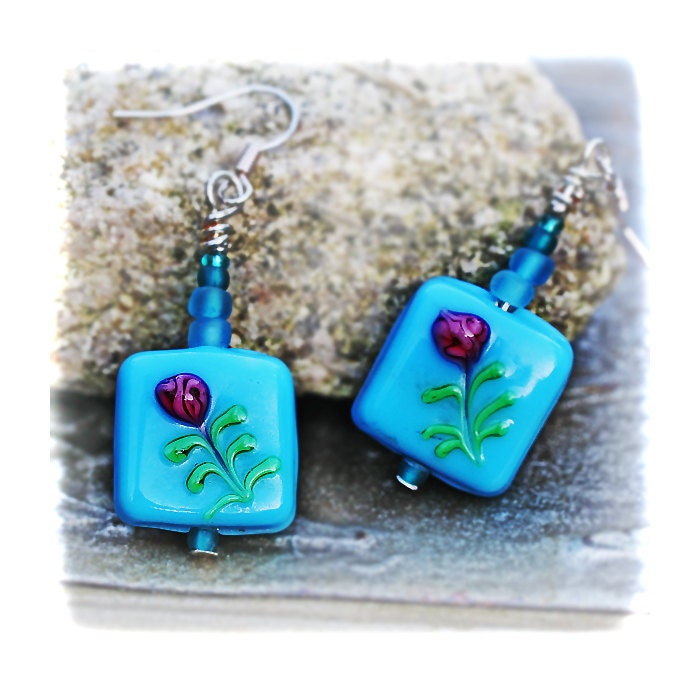 Roses in Blue Lampwork tile Earrings Artisan blue fuchsia green Handmade bead Christmas Gift Idea