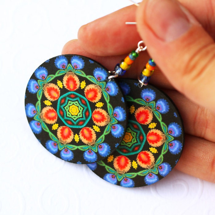 Folk Jewelry  polish folk art motif Earrings Round and Colorful black blue orange green (11L)