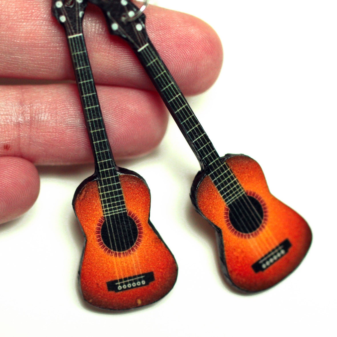 Guitar Earrings, Long dangle 2 - sided jewelry, gift for musician, music fan, gift for her under 25