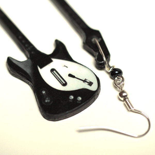 Guitar Earrings, Black & White, Long dangle 2- sided Jewelry, gift for musician, music fan, under 25