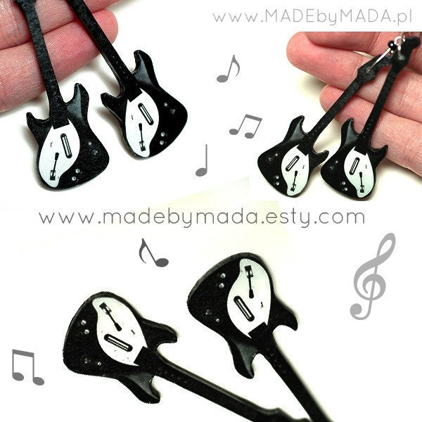 Guitar Earrings, Black & White, Long dangle 2- sided Jewelry, gift for musician, music fan, under 25