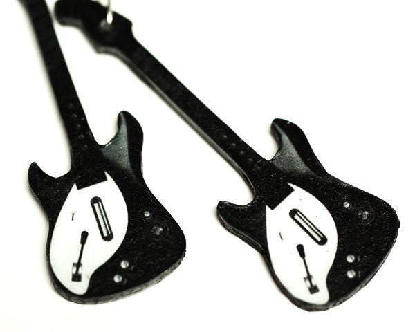 Guitar Earrings, Black & White, Long dangle 2- sided Jewelry, gift for musician, music fan, under 25