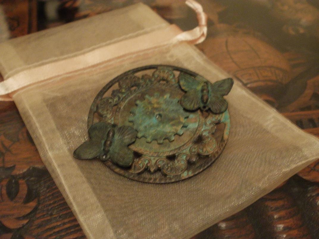 Green Vintage Patina Steampunk Brooch with Butterflies