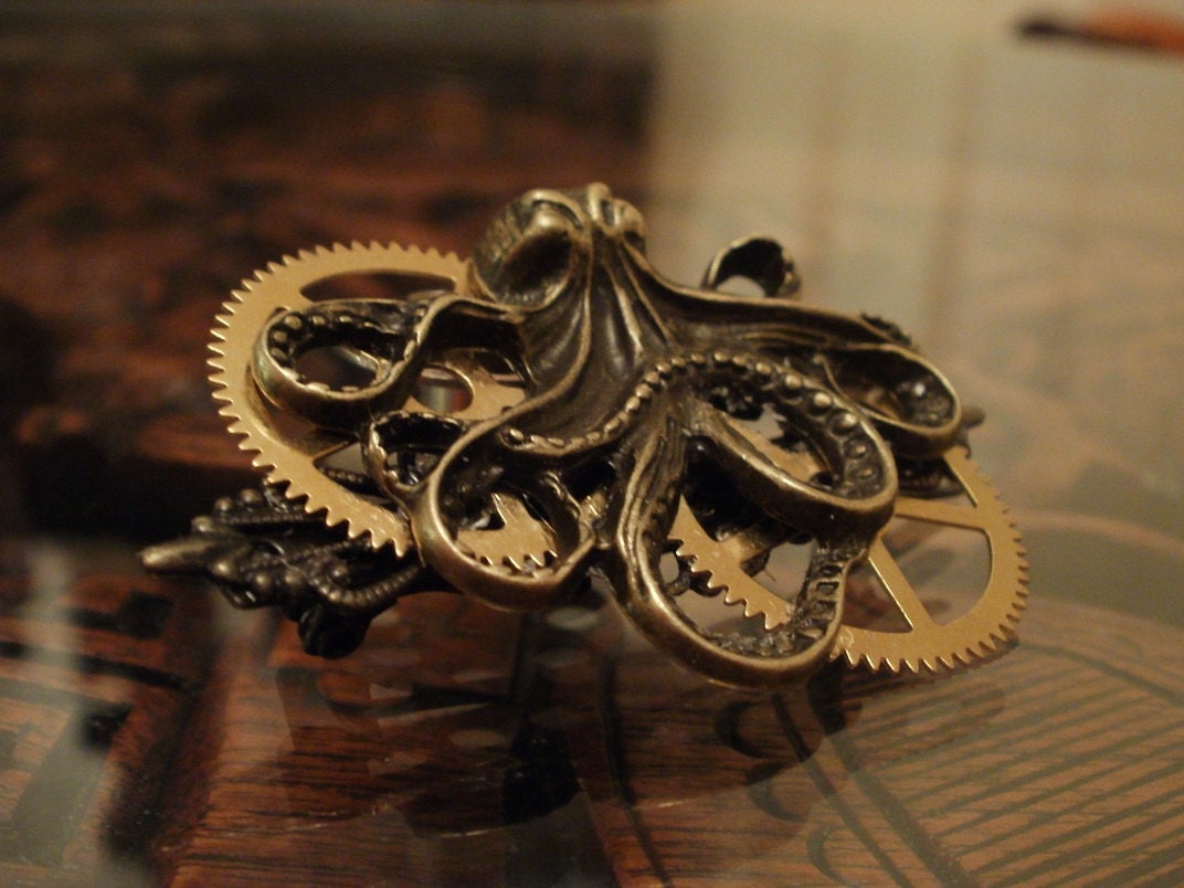 Steampunk Octopus and Gears Barrette