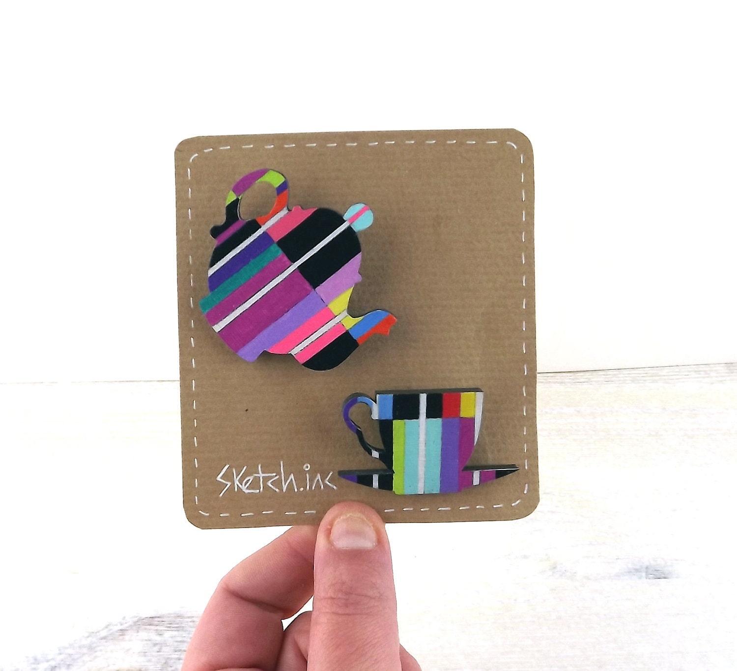 Geometric Brooch Neon Tea Pot Cup