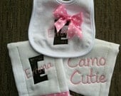 Camouflage and pink burp cloths and matching bib set
