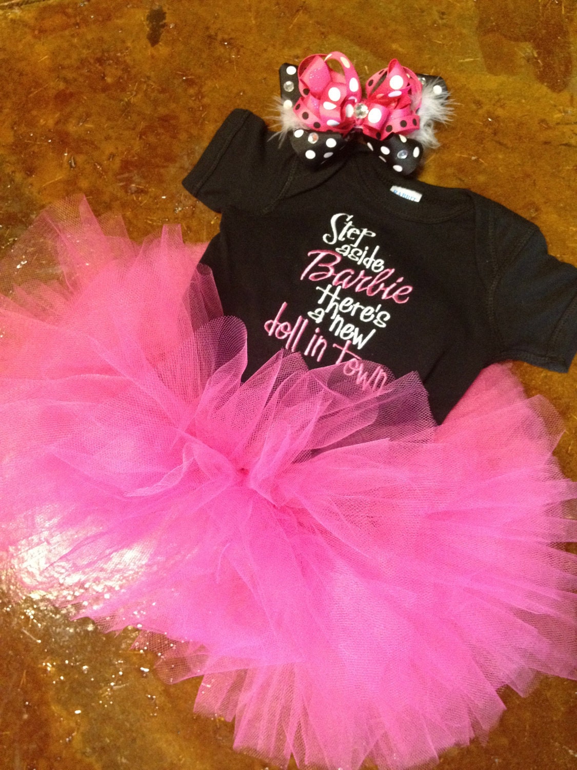 Hot pink and black Barbie onesie, tutu, and matching hair bow