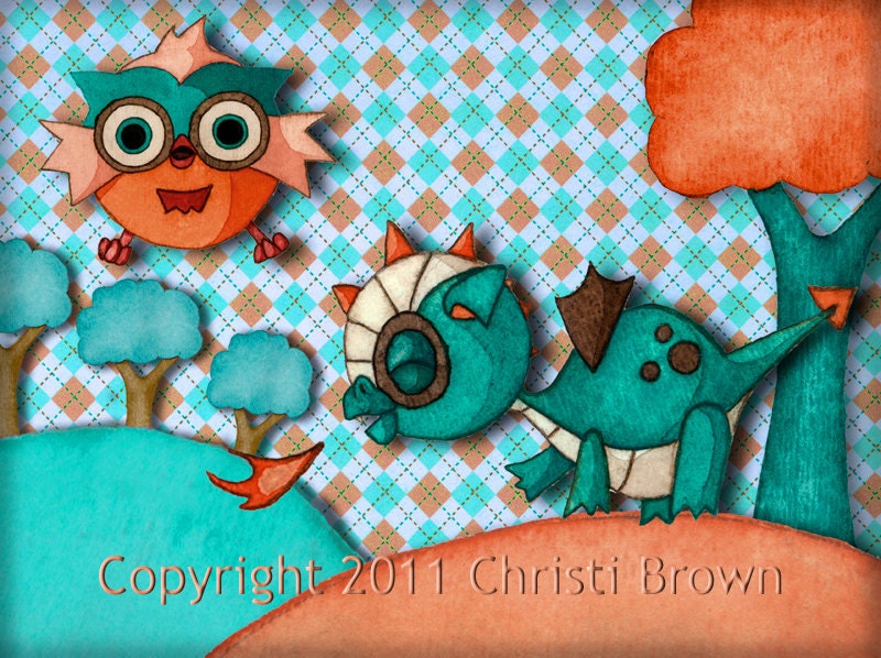 Owl and Dragon Nursery Art Print Recycled Paper for 5 x 7 - turquoise, orange, peach, brown