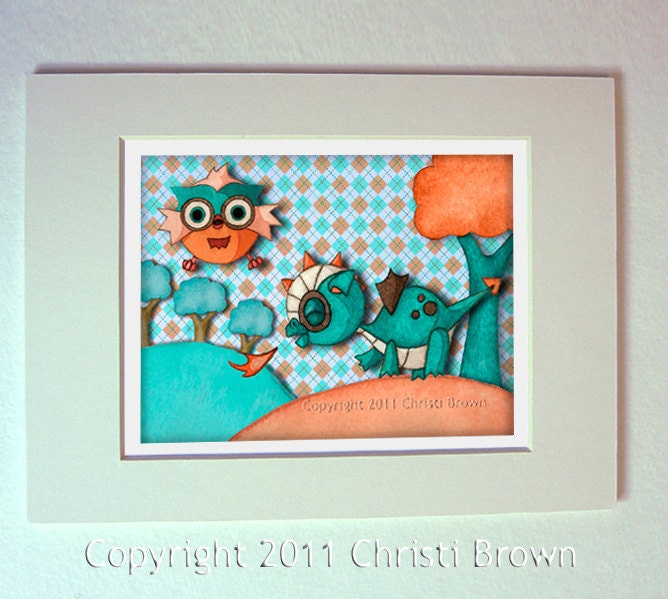 Baby Dragon and Owl Nursery Art Print Recycled Paper boys or girls matted for 8 x 10 turquoise, orange