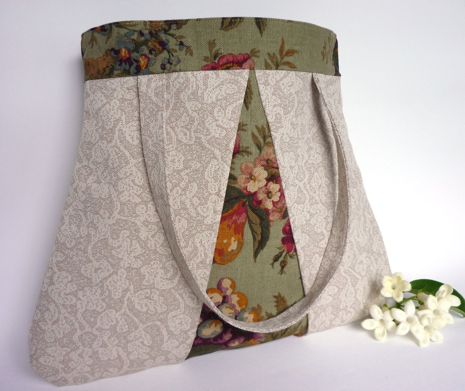 Floral vintage style handbag green french provincial shabby chic lace linen roses sage fruit natural botanical triangle cream rustic country