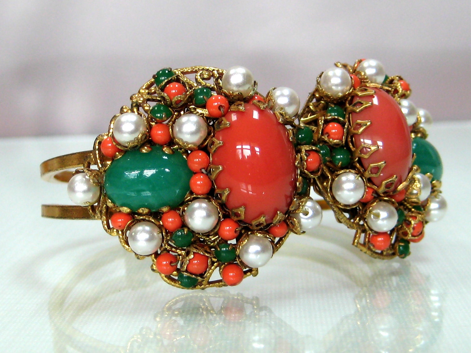 Chunky Miriam Haskell hinged Bracelet Coral Pearl and Jade
