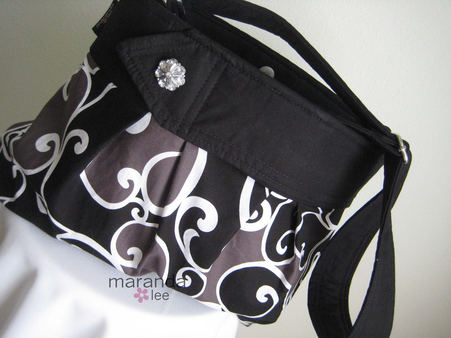 Emma Medium Diaper Bag Messenger in Surf Midnight Gray and Black with Button- Custom Lining - Elastic Pockets Adjustable Strap